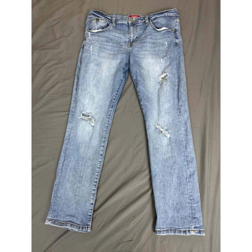 Guess Los Angeles Holsted Fit Tapered Slim Jeans Light Wash Distressed 36x30